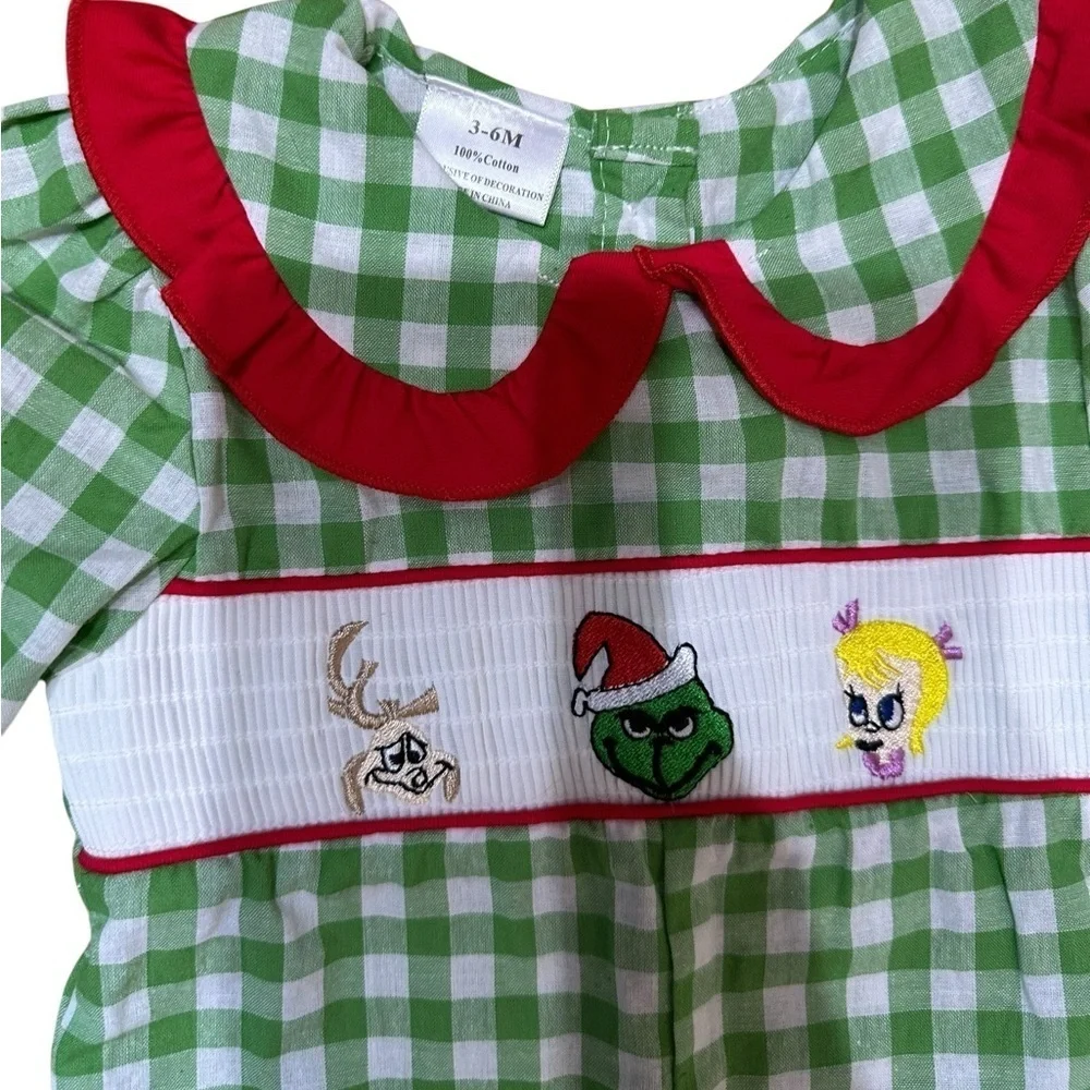 NWOT Adorable Green Checkered Boutique Baby Romper Red Bow Accents